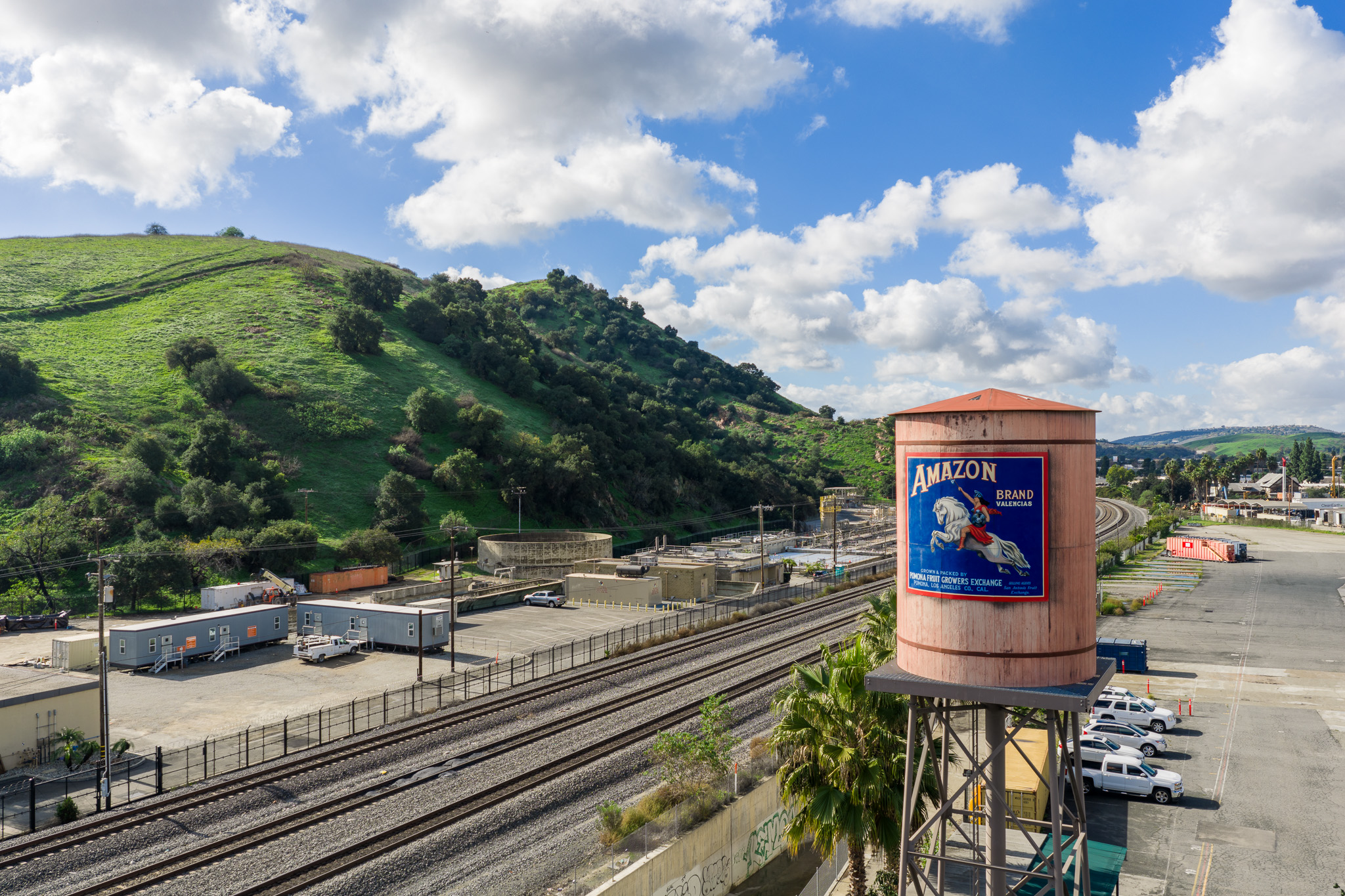 Aerial view of the historic Pomona water tower and rail yard